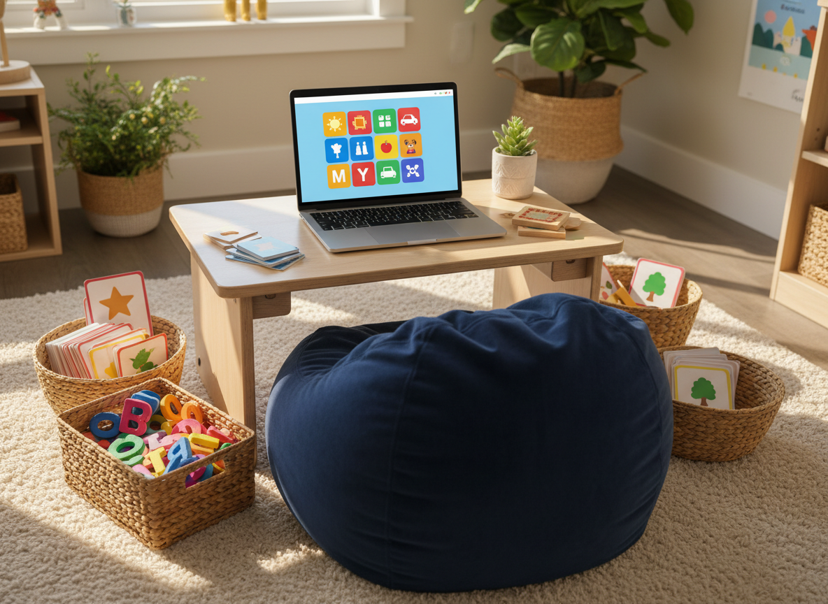 A child-sized reading nook set up for virtual tutoring, featuring a plush navy beanbag chair facing an open laptop on a low, light-wood table. The laptop screen shows a bright, structured lesson interface with large, colorful blocks and picture icons instead of text, arranged in clear rows. Surrounding the space are neatly arranged baskets of multisensory learning materials: foam letters, textured word tiles, and laminated cards with simple images. Warm, late-afternoon sunlight creates a cozy glow, with soft shadows on the carpet. Photographic realism from a wide-angle, slightly elevated perspective, conveying a safe, engaging, and supportive atmosphere for struggling readers learning online.