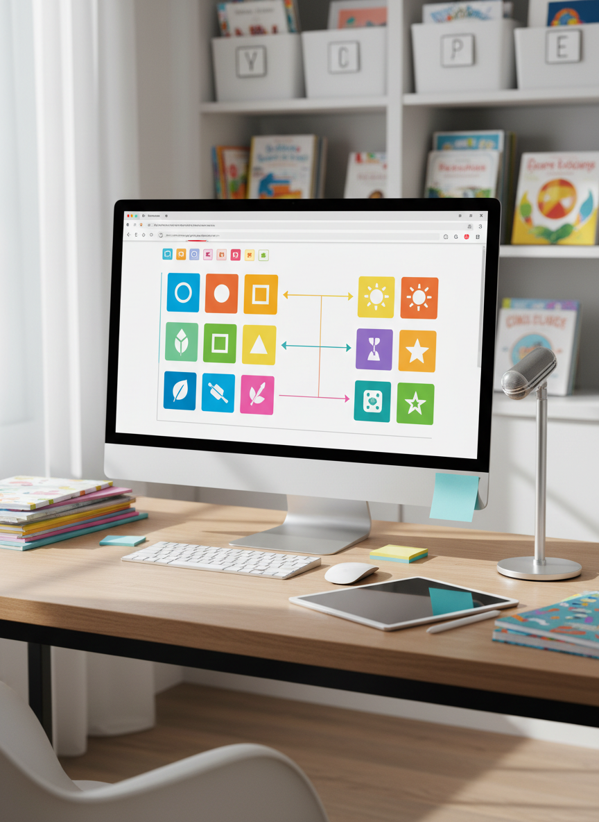 A sleek, modern home workspace arranged for online reading tutoring, with a large high-resolution monitor displaying a colorful, structured phonics lesson made of simple shapes and icons instead of text. A sturdy light-wood desk holds neatly stacked workbooks, a smooth white tablet, and color-coded sticky notes without writing. Soft natural daylight filters through an unseen window, casting gentle, even illumination and faint shadows. In the background, a blurred bookshelf shows leveled readers and organized bins. Photographic realism at eye level, with a calm, professional, and inviting mood, shallow depth of field emphasizing the digital lesson as the central focus, reflecting science-of-reading based instruction.