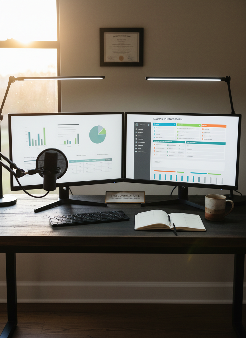 A dual-monitor online tutoring station designed for IEP review and personalized reading instruction, with one screen displaying a simplified, text-free document layout of charts and graphs, and the other showing a structured, colorful lesson interface with progress segments. The dark, matte-finish desk also holds a quality microphone, a notebook open to blank segmented pages, and a ceramic mug. Cool, balanced LED desk lighting combines with faint evening light from a nearby window, creating a focused, professional ambiance. Photographic realism, shot straight-on with sharp focus throughout, showcasing an organized, credentialed tutor’s workspace ready for free consultation and detailed planning for individual learners.