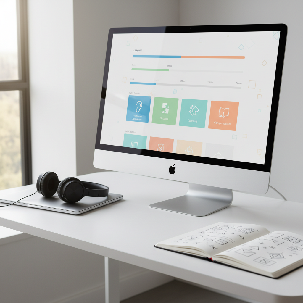 An organized digital tutoring dashboard on a widescreen computer monitor, showing a clean interface with colorful progress bars, structured lesson tiles, and icons representing phonemic awareness, decoding, and comprehension, all without visible text. The monitor sits on a minimalist white desk alongside a closed laptop, wireless headset, and a notebook with geometric symbols instead of words. Cool, diffused afternoon light from a nearby window highlights the glossy screen and brushed metal surfaces. Shot from a slightly elevated angle in photographic realism, the composition follows the rule of thirds, creating a professional, efficient atmosphere that suggests one-on-one online reading tutoring and clear progress tracking for diverse learners.