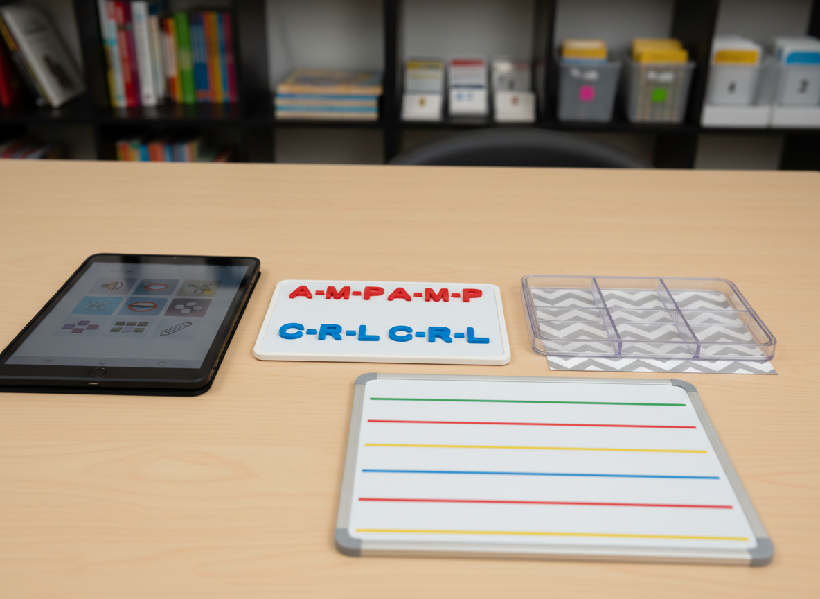 A close-up of a carefully arranged science-of-reading lesson setup on a smooth wooden table, with magnetic letter tiles forming simple patterns rather than real words, a clear plastic sound box mat, and a small whiteboard with colorful lines but no writing. Beside them lies a tablet displaying a structured lesson sequence made of icons and shapes. Neutral studio lighting provides even illumination, emphasizing textures of plastic, laminate, and dry-erase surfaces. Photographic realism with a shallow depth of field keeps the focus on the instructional tools, while blurred background shelves hint at additional organized materials. The mood is precise, systematic, and professional, highlighting structured literacy instruction used in expert online tutoring sessions.