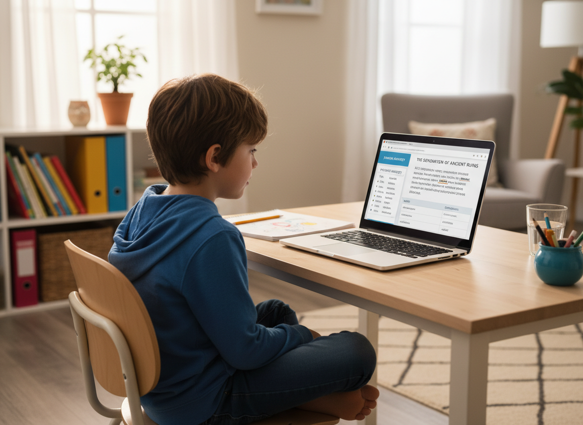 An elementary school-aged child (around 7-9 years old) sitting at a desk using a laptop computer. The screen displays structured literacy content appropriate for older students — including phonics word patterns, a reading passage with multi-syllabic words, and a vocabulary chart. The setting is a bright, organized home learning environment with warm, inviting lighting. Photographic realism, sharp focus, professional quality.